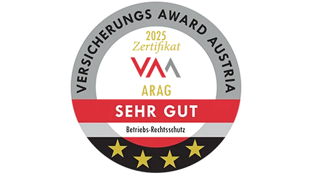 Versicherungs Award Austria 2025 Zertifikat ARAG sehr gut im Betrieb Rechtsschutz